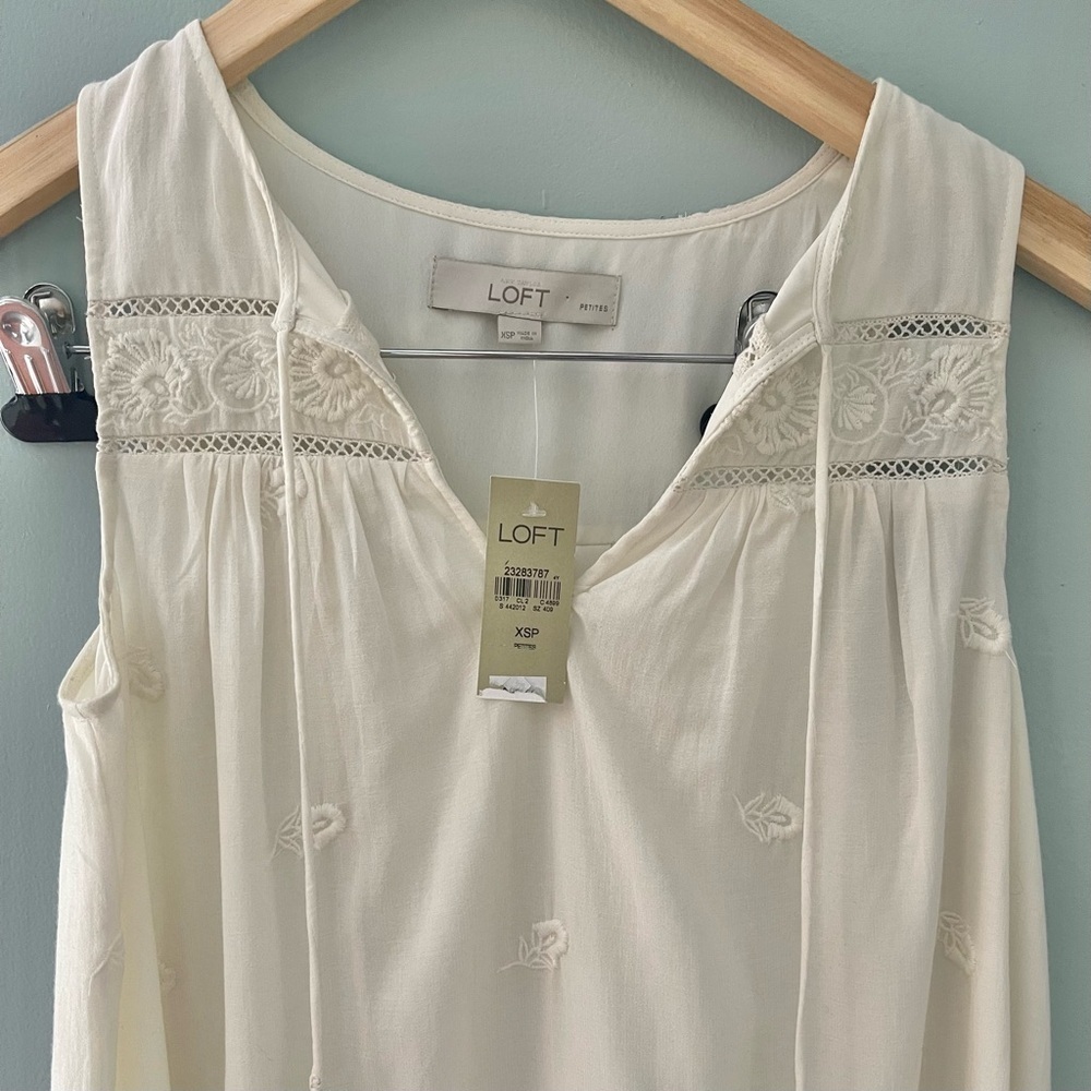 NWT Loft Embroidered Tassel Swing Mini Dress XS Petite Ivory Boho Cotton Blend - Picture 5 of 12